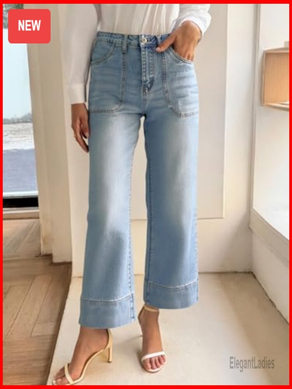 Wide Leg High Waist Denim Jeans Casual Boyfriend Fit with Pockets - Picture 5 of 7